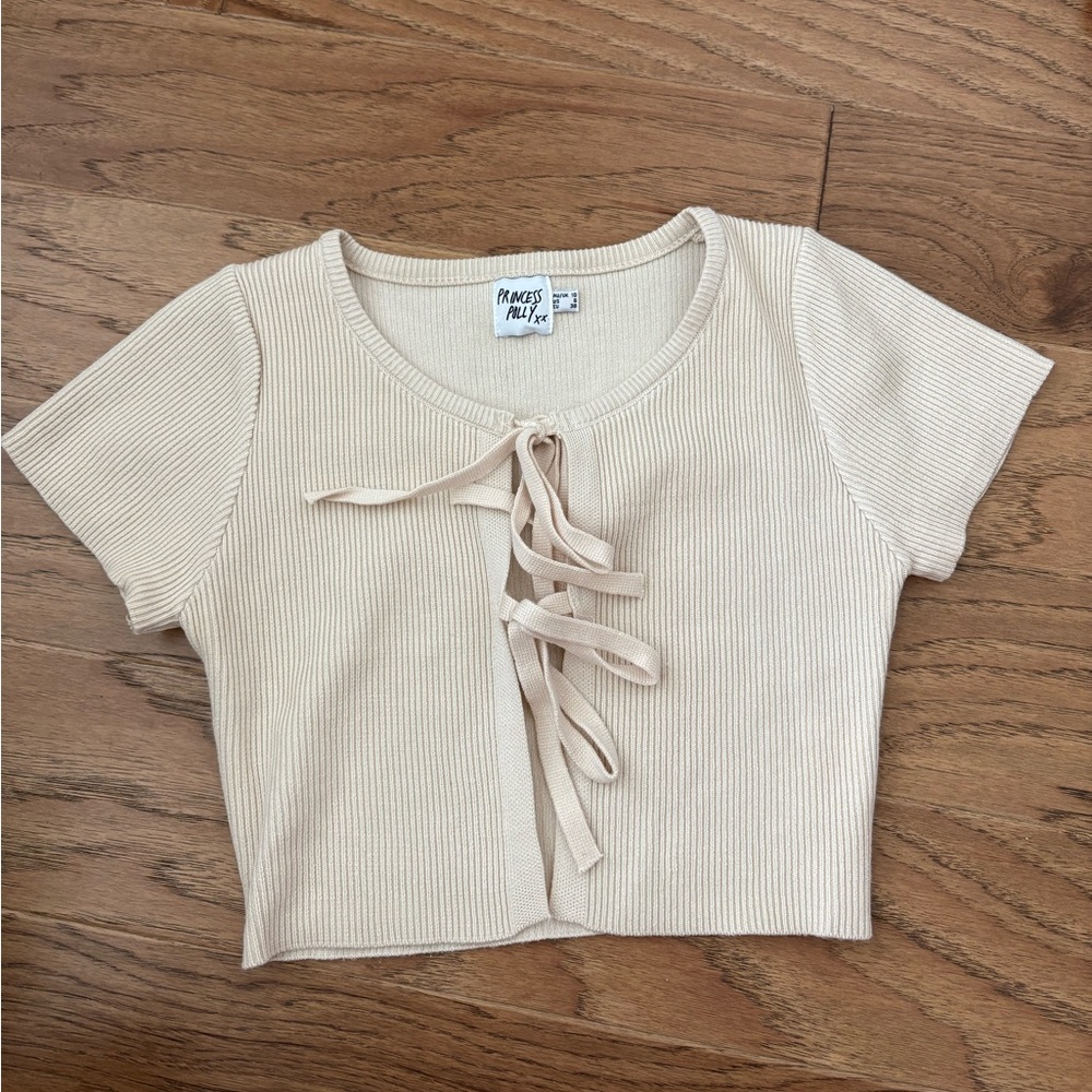 Princess Polly Cream Ribbed  Top with Front Tie